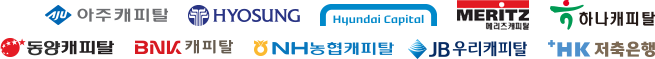 아주캐피탈, 효성캐피탈, 현대캐피탈, 메리츠캐피탈, 하나캐피탈, 동양캐피탈, BNK캐피탈, NH농협캐피탈, JB우리캐피탈, HK저축은행